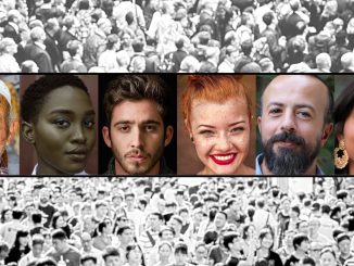 6 clear, sharp color headshots on top of blurred black and white depictions of crowds of people